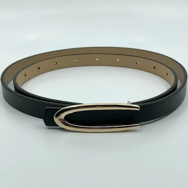 Women’s Black Faux Leather Belt W/ Gold Oval Buckle, 27.5–36 Inches,