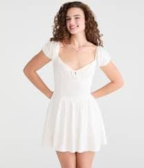 Swiss Dot V-Neck Drop-Waist Mini Dress