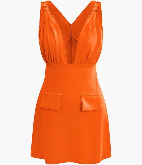 Micas Women's V-Neck Sleeveless Ruched Fake Pocket Mini Dress