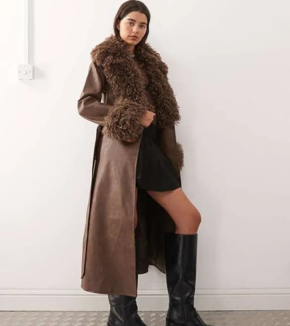 Reclaimed Vintage Leather Trench Coat with Faux Fur Collar and Cuffs