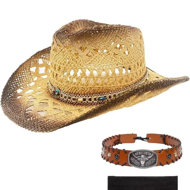 Western Straw Cowboy Hat with Two Decorative Bands and Hair Band
