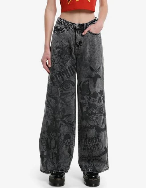 Acid Wash Skulls & Stars Wide Leg Jeans