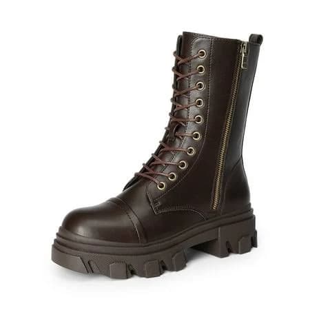 Burudani Women Chunky Platform Lug-Sole Mid-Calf Combat Boots Low-Heel Lace-Up