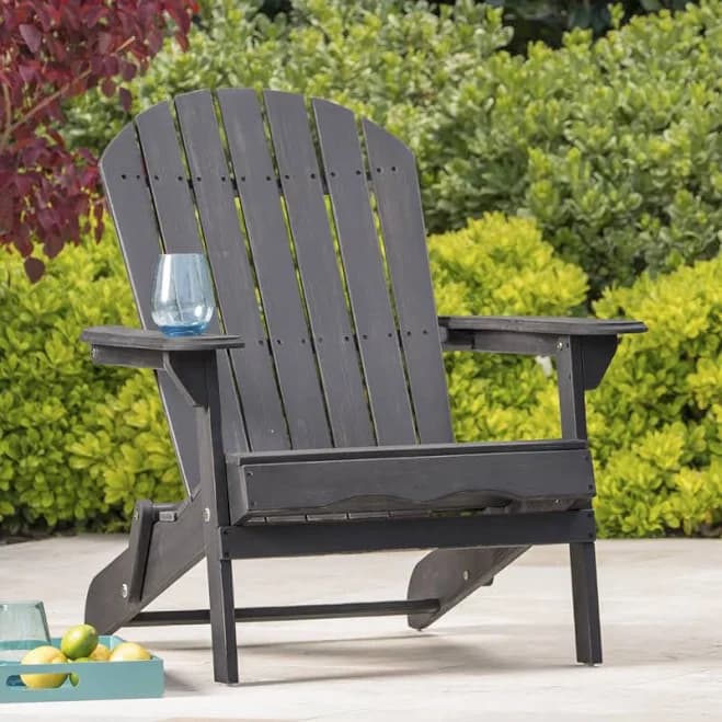 KINGYES Folding Adjustable Adirondack Chair with Retractable Ottoman, HDPE Weather Resistance Oversized Outdoor Chair with Cup Holder, Wood-Like Reclining Versatile Adirondack Chair, Grey