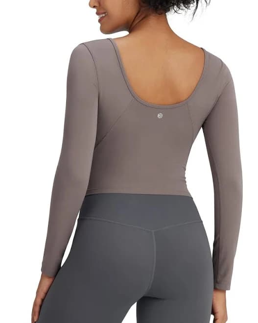Barefeel Slim Fitted Womens Long Sleeve Crop Workout Tops Low Back Athletic Yoga Exercise Shirts Scoop Neck Base Layer