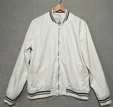 White Varsity Bomber Jacket Zip Front Striped Rib Trim Streetwear Mens LG