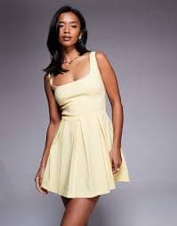 Vesper Petite bengaline square neck box pleat mini dress in yellow | ASOS