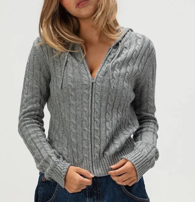 Love Tree Women's Zip-Up Hooded Cable Knit Sweater