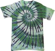 Green and Black Spiral tie dye t shirt, hand dyed in the UK
