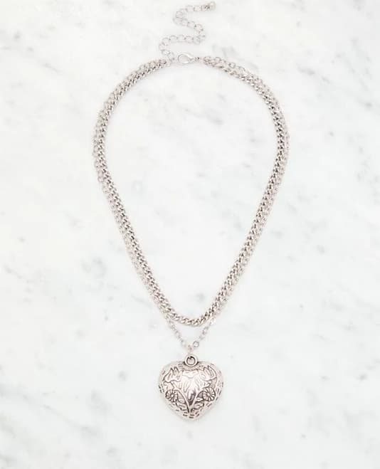 Layered Silver Etched Heart Necklace