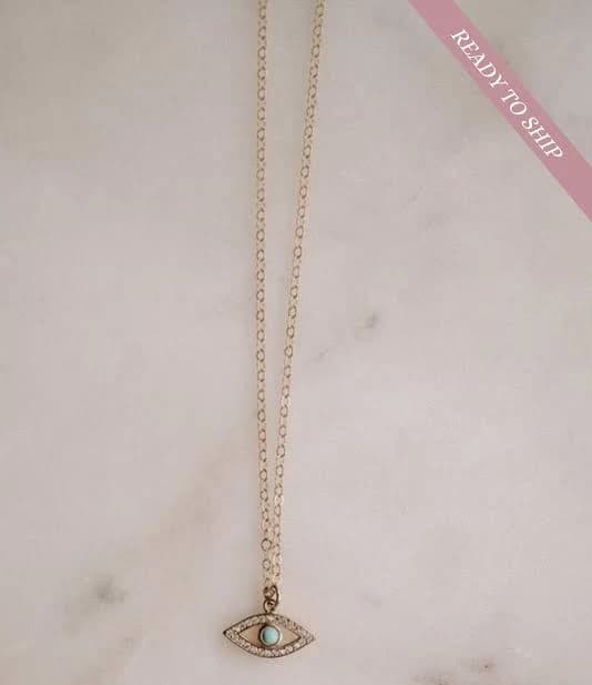 Gold Filled Evil Eye Charm Necklace with Turquoise and CZ Stones