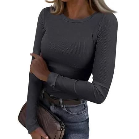 Mohiass Womens Long Sleeve Stretch Crewneck Ribbed T-Shirt Fitted Casual Basic Tops