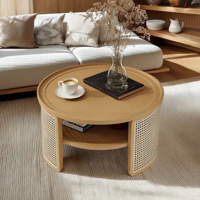 2-Tiered Round Natural Wood Coffee Table with Storage and Rattan Base
