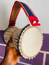 Drume Hand Handmade - Traditional Wood & Leather Drum With Orange/Blue Strap Nigerian Talking Drum