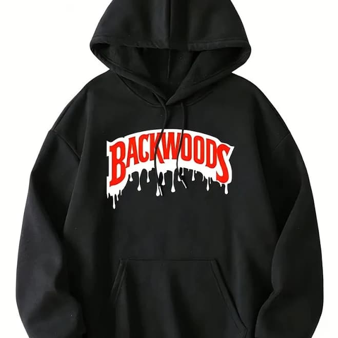 Men's Black Hooded Sweatshirt with Red"BACKWOODS " Drip Print Full-Body Logo