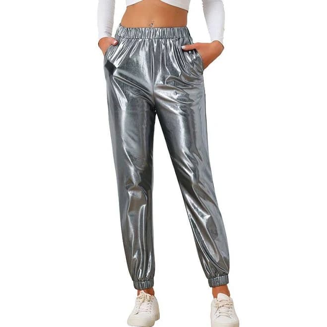 Inspire Chic Women's Metallic Shiny Sparkle Elastic Waist Pants