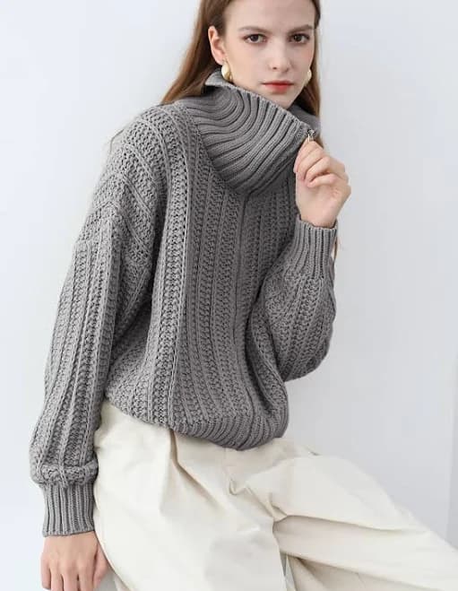 High Neck Chunky Knit Zip Up Cardigan