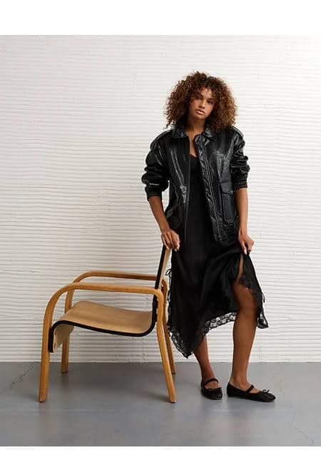 AE Women's Oversized Vegan Leather Bomber Jacket