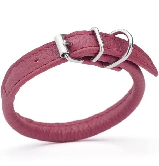 Pink Rounded Leather Dog Collar - stretch proof Small