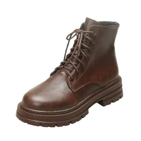 Brown Ladies Ankle Boots Featuring Lace-Up And Zipper Thick Sole Chunky Heel For Casual Use, Women's, Size: 7.5