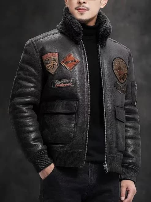 Men's Black Leather Bomber Jacket Aviator Style Fur Collar Patches