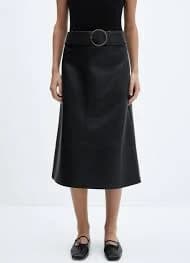 Faux-leather midi-skirt with belt