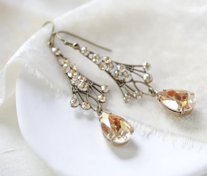 Antique Gold Chandelier Bridal Earrings with European Golden Crystals