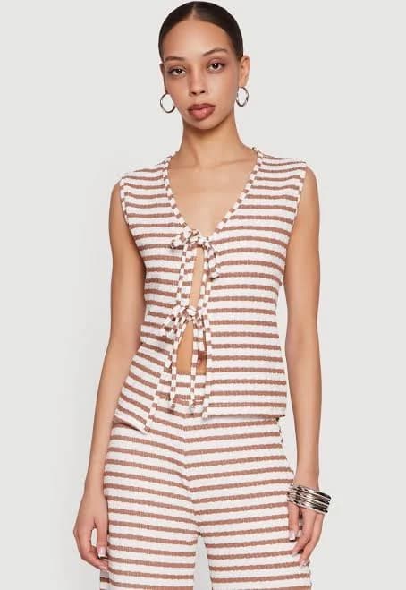 Women's Striped Textured Knit Double Tie Front Top