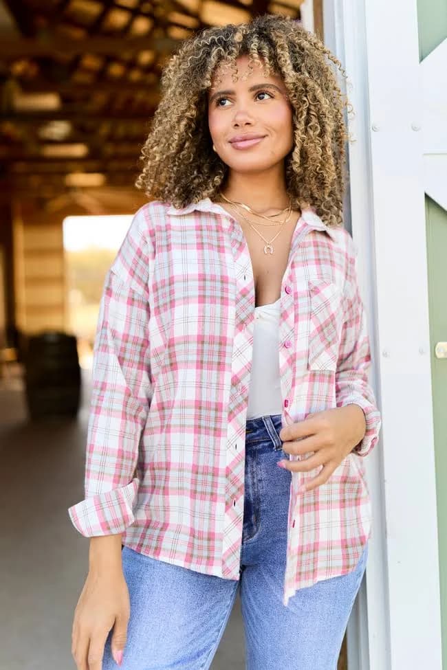 Pink Lily Rory Plaid Flannel Button Down Top