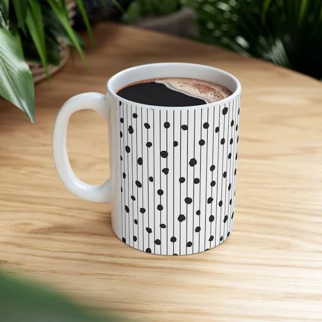 Modern Polka Dot Ceramic Mug Stylish Coffee Cup Minimalist Gift Black and White Kitchen Decor Home Office Accessory Trendy Tea Mug 11oz