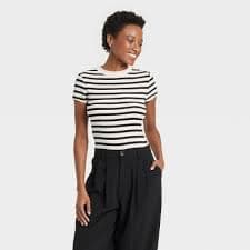 Women's Slim Fit Short Sleeve Ribbed T-Shirt - A New Day™ Cream Striped M: Cotton Modal Blend, Crew Neck, Pullover : Target