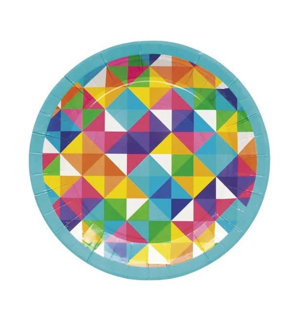 8 Count 9 1/4" Bright Geometric Party Round Disposable Paper Dinner Plates