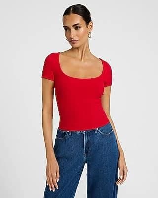 Express Women's Fitted Ribbed Square Neck Baby T-Shirt