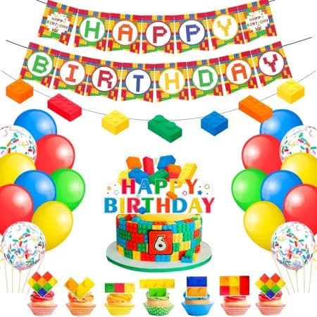 53 Pcs Block Party Supplies,Building Blocks Birthday Decorations Set - Building Block Birthday Balloons,Building Block Banner Cake Topper etc Colorful