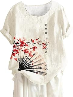 Women's Sunset Top Cotton Button Down Graphic Shirt Short Sleeve Crew Neck Tunic Blouse Watercolor Casual Summer Beach Tee