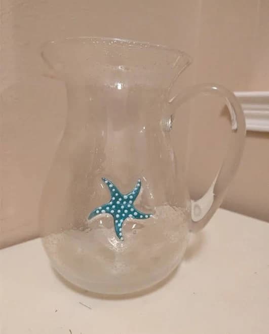 Clear Bubble Glass Blue Starfish Beach Theme Pitcher 9"