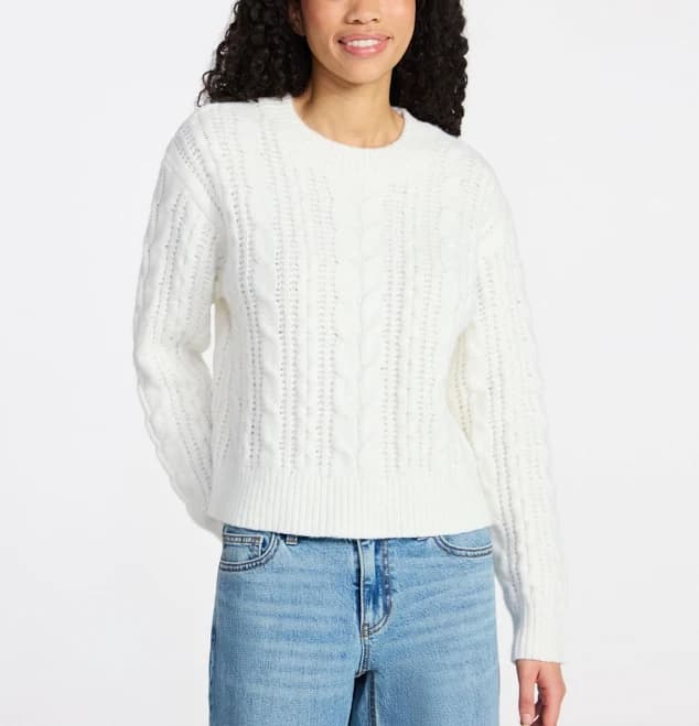 No Boundaries Women's Cable Crewneck Sweater