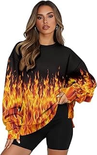 Oversized Sweatshirt for Women Flame Crewneck Sweatshirts Shirts, Maple Fall Long Sleeve Pullover Tops with Pockets