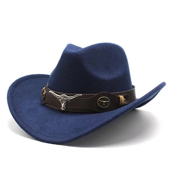 Men's Vintage Wide Brim Felt Cowboy Western Hat with Bull Head Band