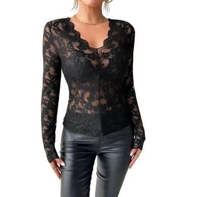 Women's Boho Floral Lace Long Sleeve V-Neck Scalloped Slim Fit Blouse