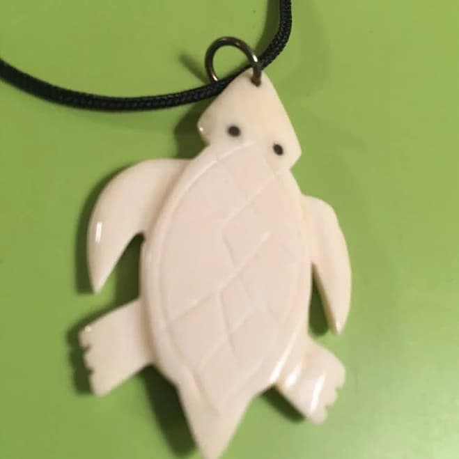 Turtle Necklace - Carved Ivory-colored Pendant, Black Cord Necklace -