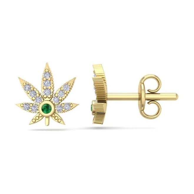 1/4 Carat Emerald Cut Diamond Weed Leaf Earrings in 14K Yellow Gold