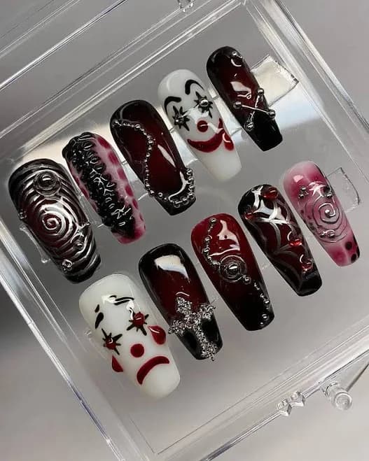 Handmade Red Black White Clown Goth Cyberpunk Halloween Press On Nails