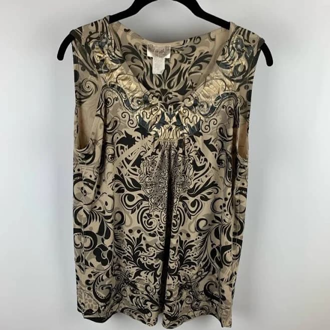 Lavish Womens Tank Top Beige Floral Sleeveless Scoop Neck Pleated Usa