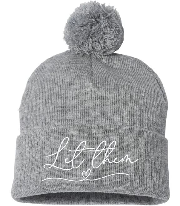 Let Them with Heart Embroidered Knit Beanie Pom Cap