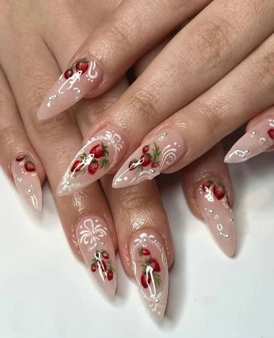 Vintage Cherry Lace Hand-Painted Red Fruit Press-On Set