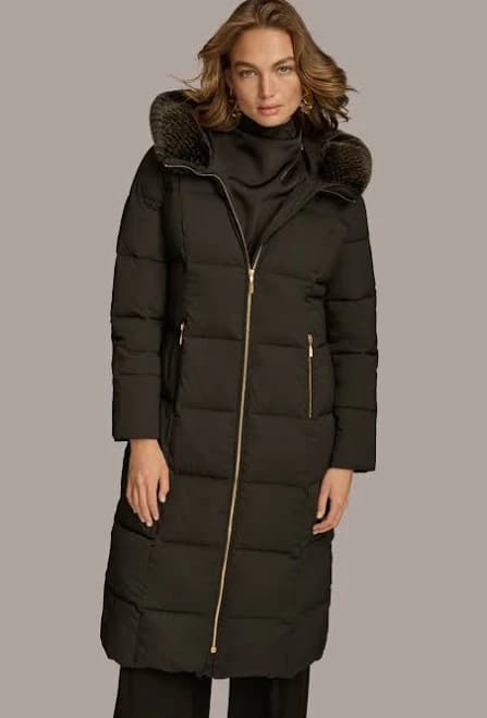 Donna Karan Women's Long Hooded Faux Fur Puffer Coat