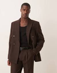ASOS DESIGN wool blend double breasted regular suit jacket in brown | ASOS