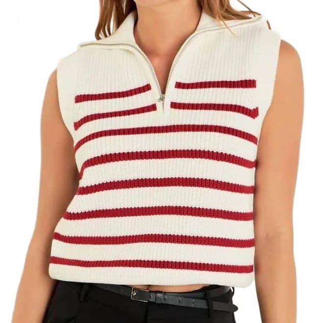 English Factory Women's Stripe Half Zip Up Sleeveless Knit Top