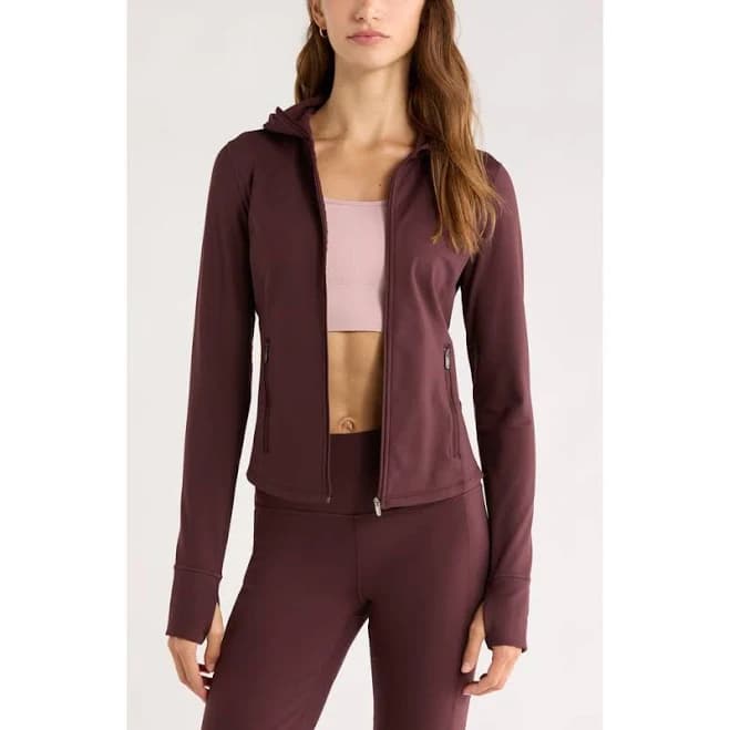 Zella Cozy Tech Zip Hooded Jacket in Burgundy Fudge at Nordstrom, Size Medium